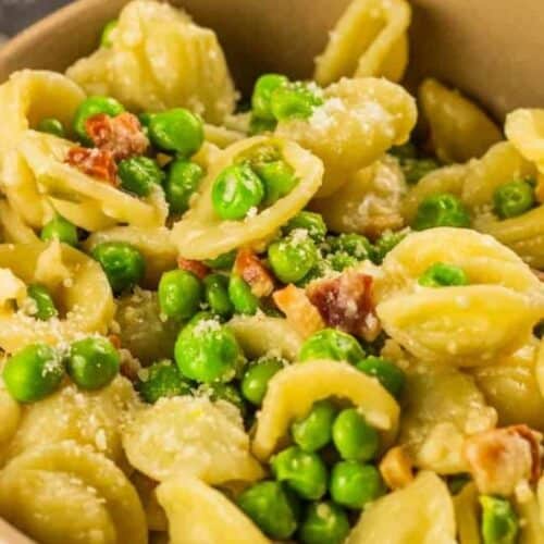 Pasta with pancetta and peas.