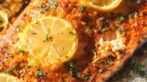 Spicy baked salmon.