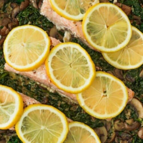 Baked salmon on veggies.