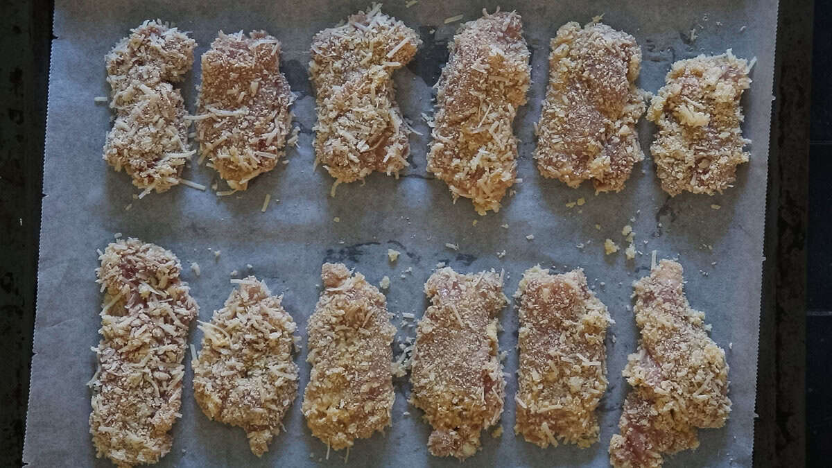 Parmesan crusted chicken before baking.