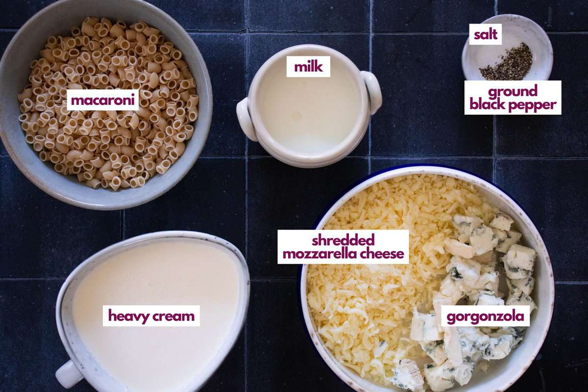 Ingredients for gorgonzola mac and cheese.