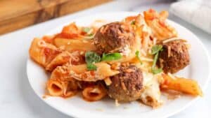 Meatball pasta casserole.