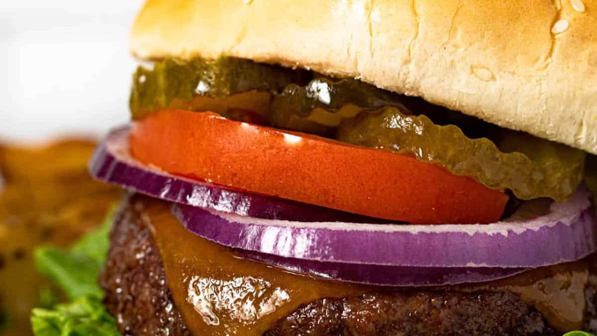 Hamburger cooked in an air fryer.