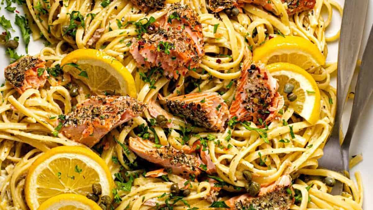 A serving of creamy salmon pasta.