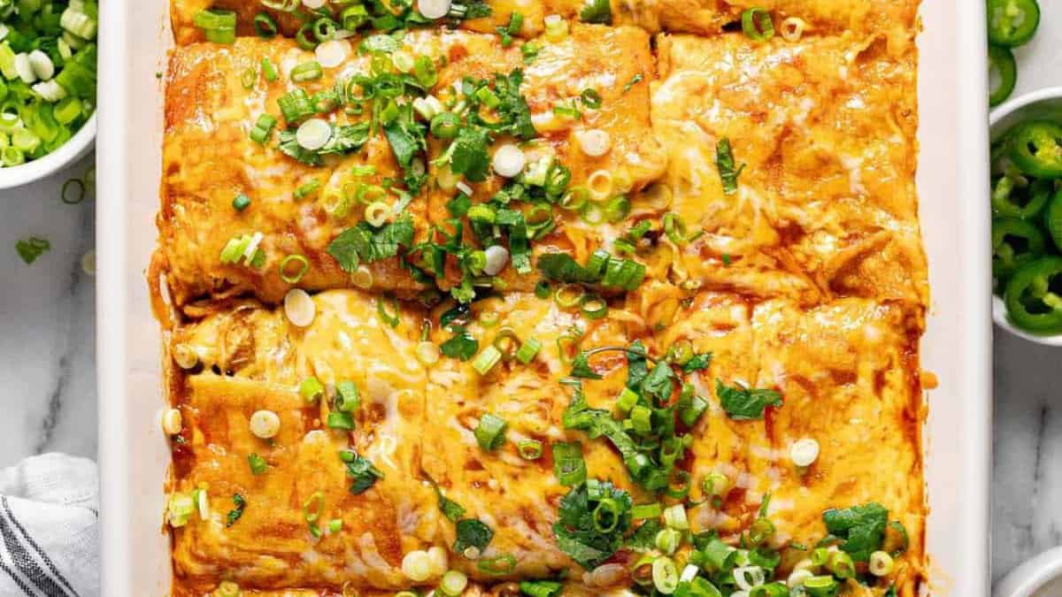 A serving of Cheesy Chicken Enchilada Casserole.