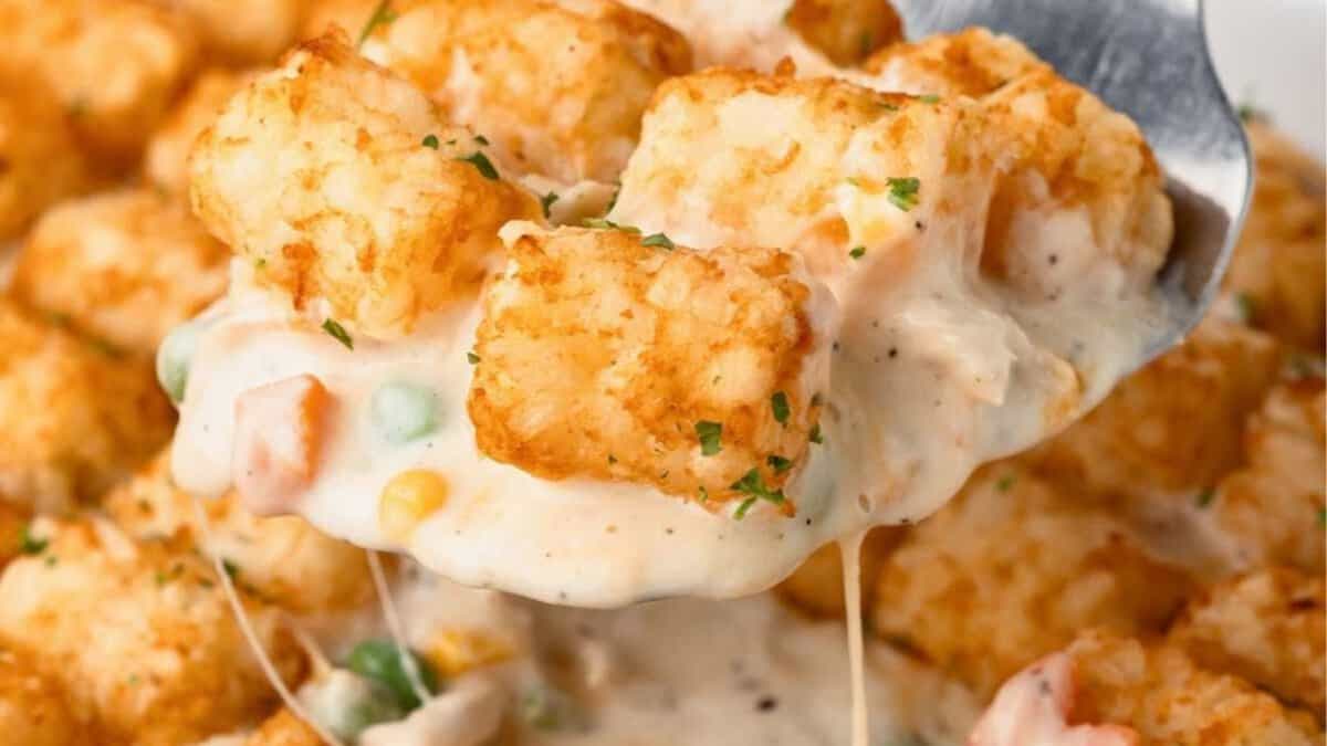 A spoonful of Cheesy Chicken Tater Tot Casserole.