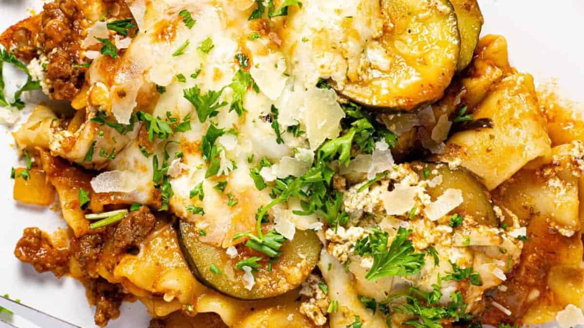 One pan lasagna served on a plate.