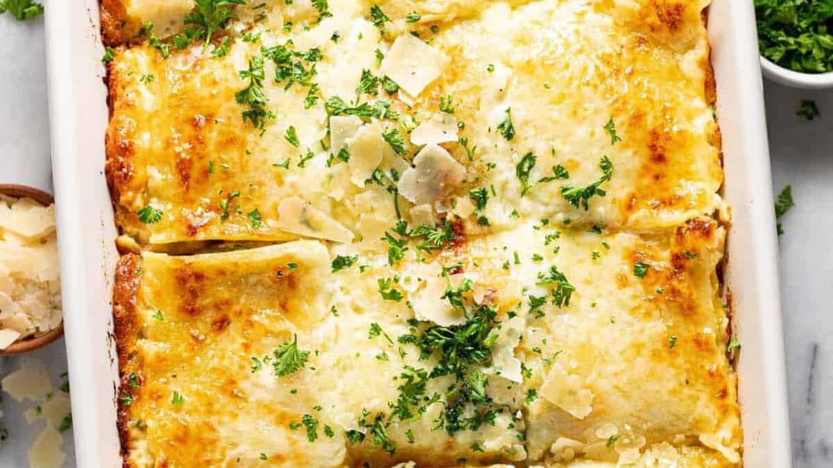 Chicken Alfredo Lasagna on a white dish.