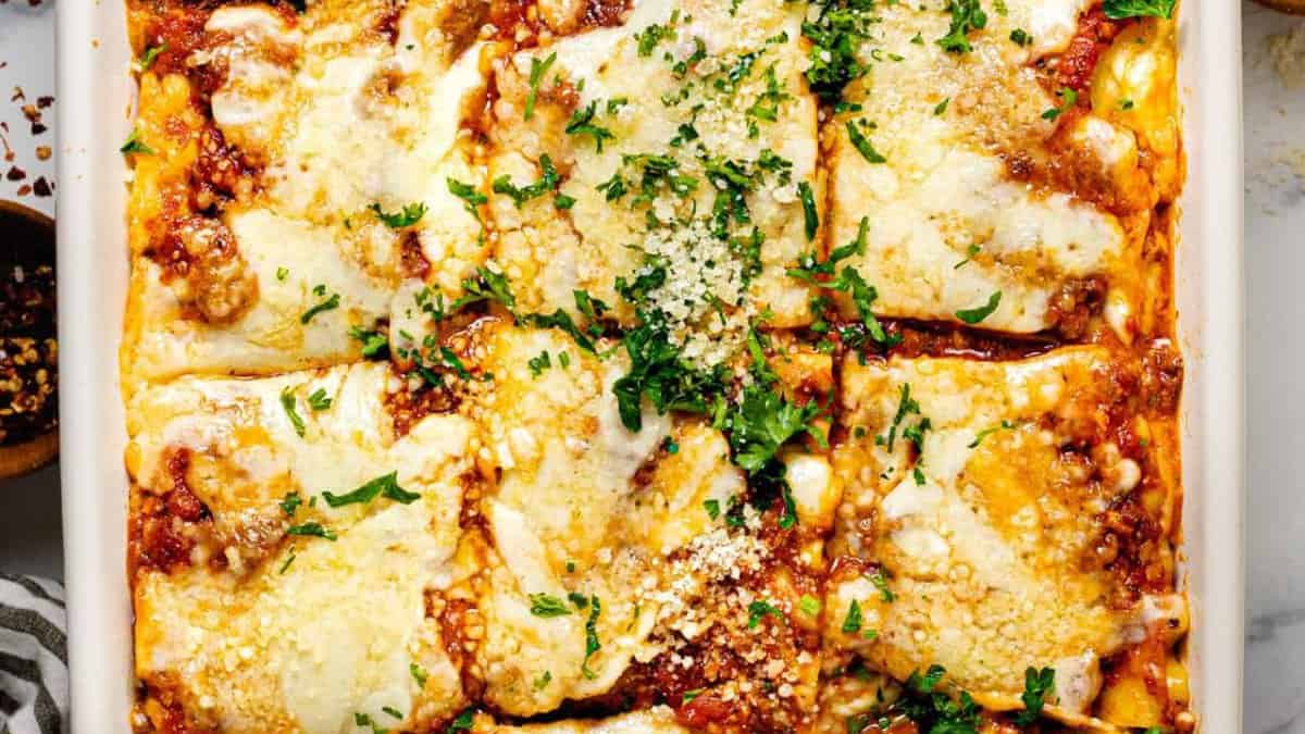 Cottage cheese lasagna on a dish.