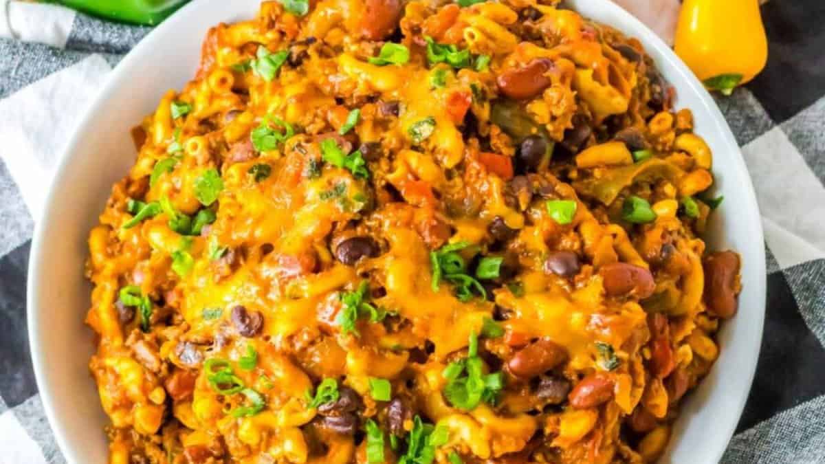 A bowl of Crock Pot Chili Mac And Cheese. 