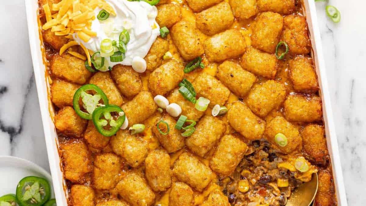 Cowboy casserole in a white oven dish.