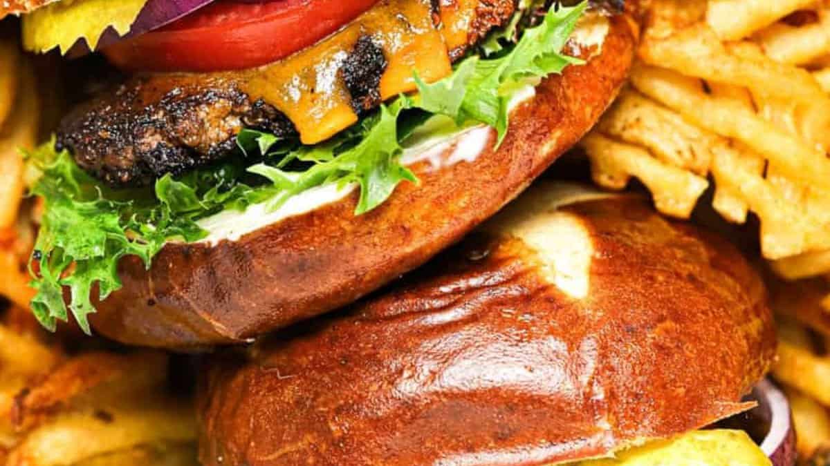 Smash burger with waffle fries.