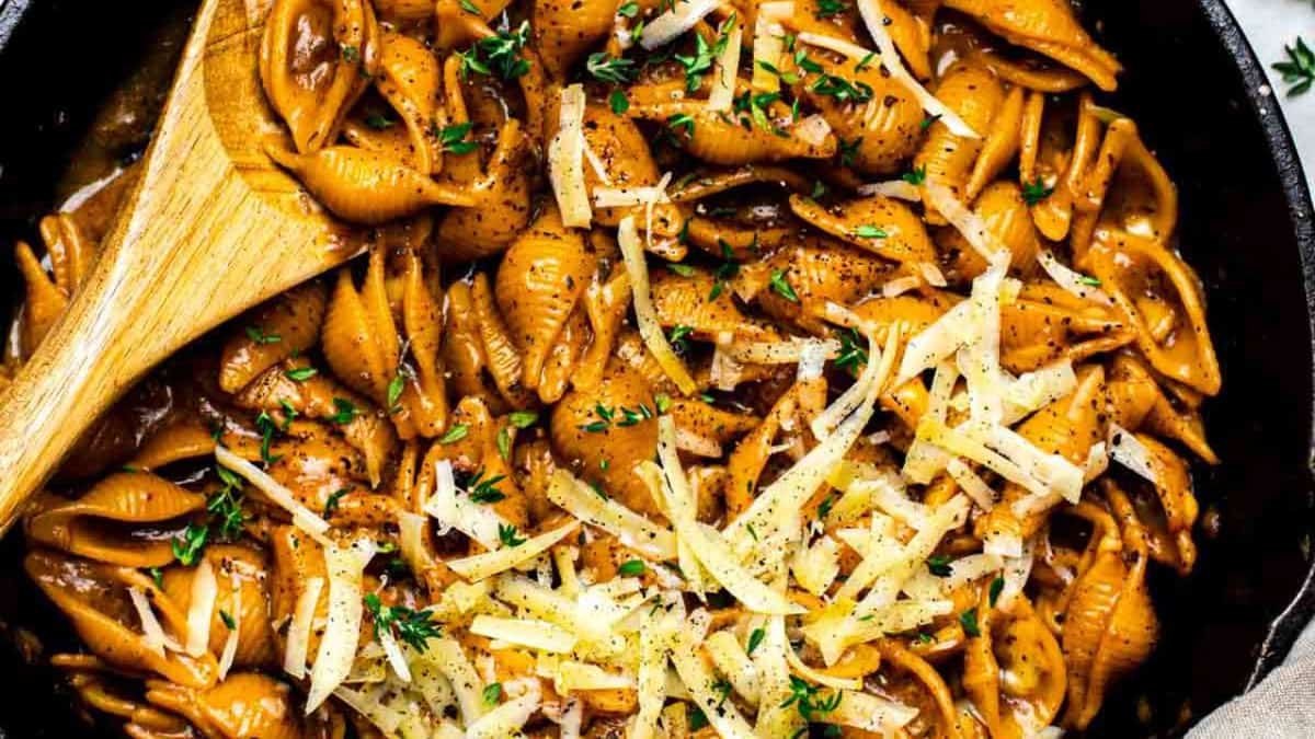 French Onion Pasta with wooden spoon.