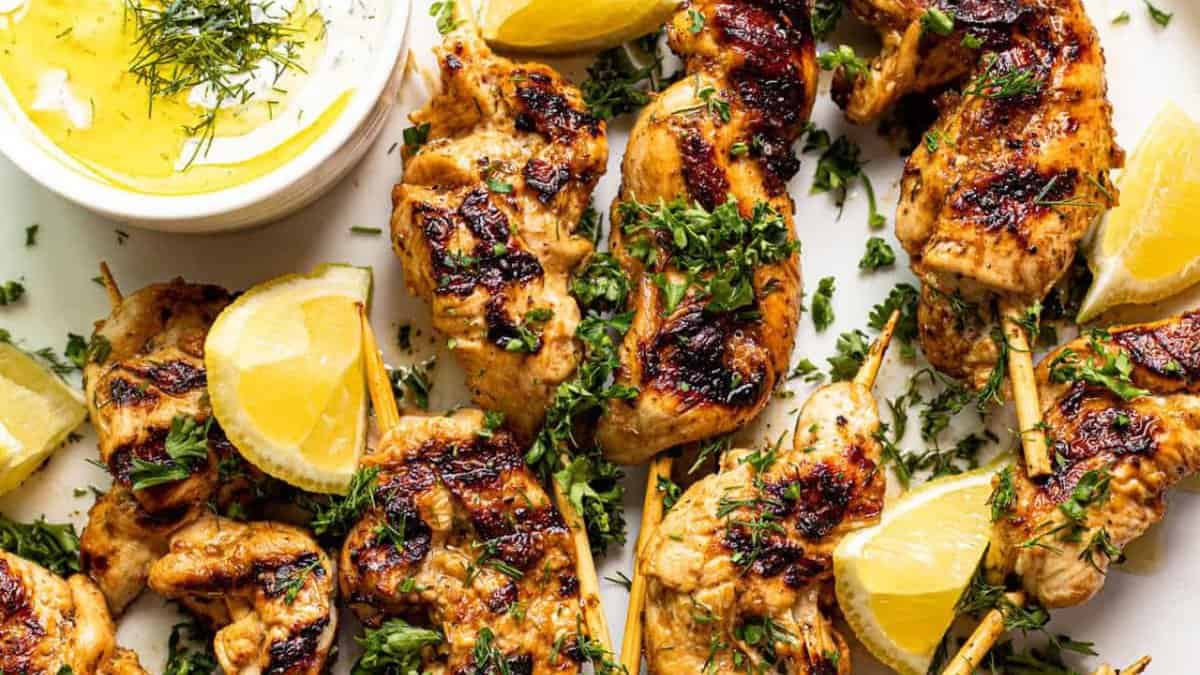 Chicken skewers with Greek marinade.