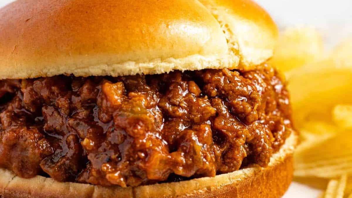 Homemade sloppy joes with a golden bun.