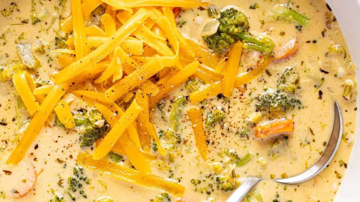 Broccoli cheddar soup in a Dutch oven.