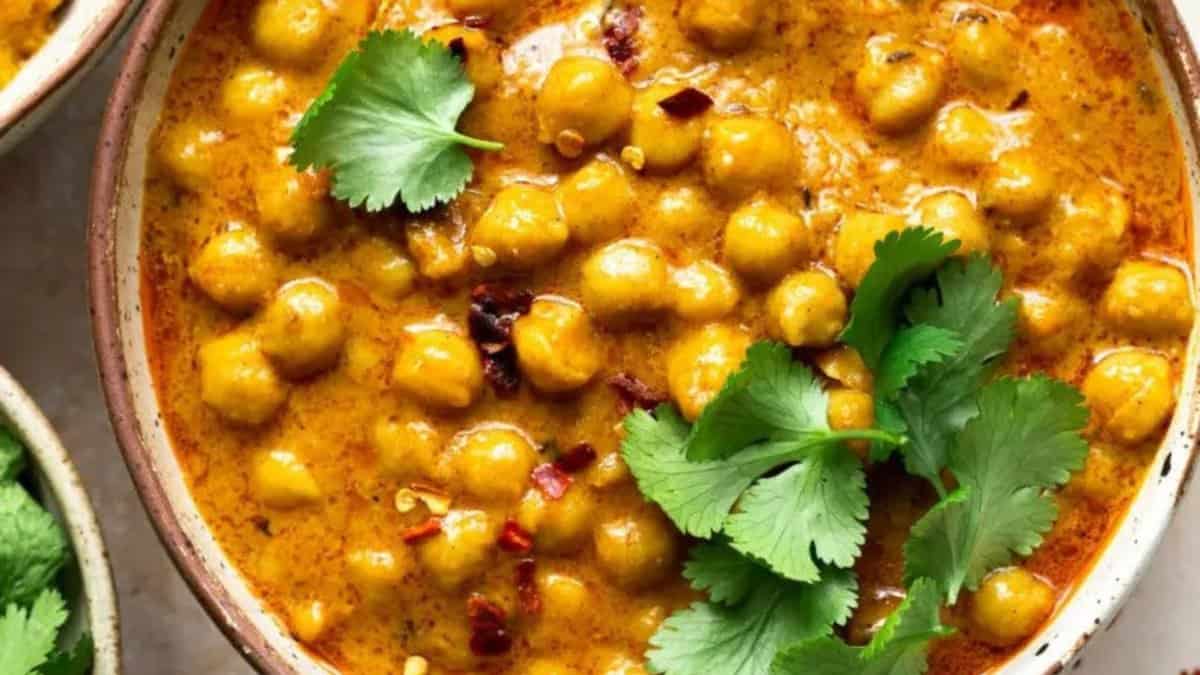 A bowl of Instant Pot Chickpea Coconut Curry. 