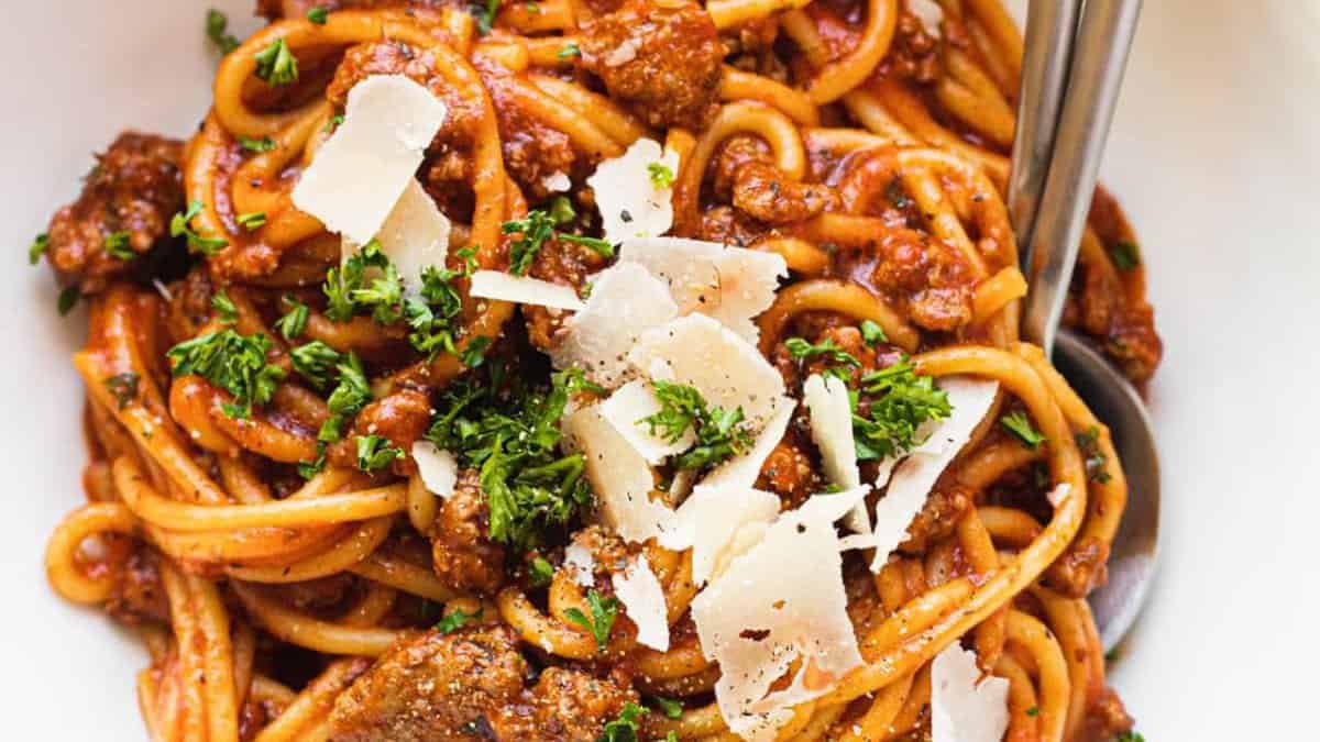 Instant Pot Spaghetti with Meat Sauce on a bowl.