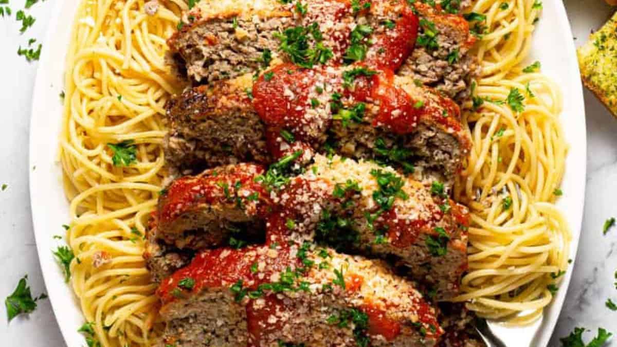 Italian Meatloaf over spaghetti.