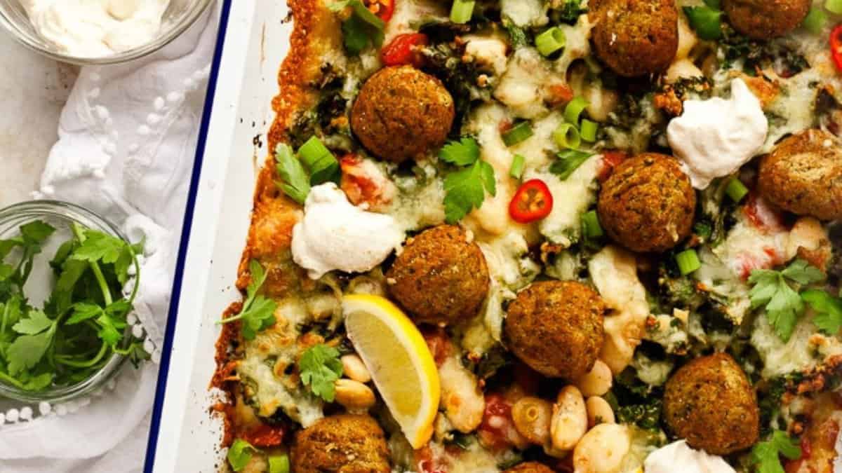 Falafel bake on a baking dish.