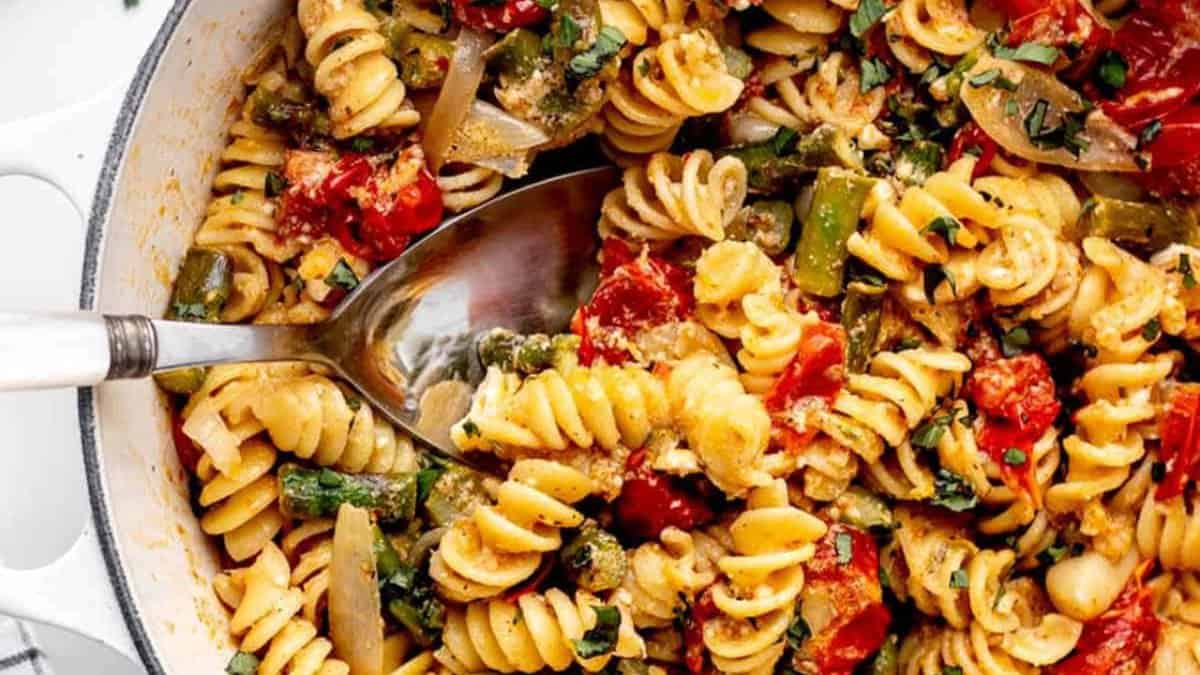 One Pan Feta Pasta with Cherry Tomatoes with spoon.