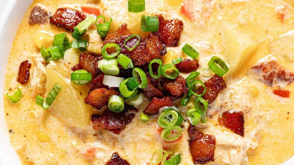 A bowl of chicken corn chowder. 