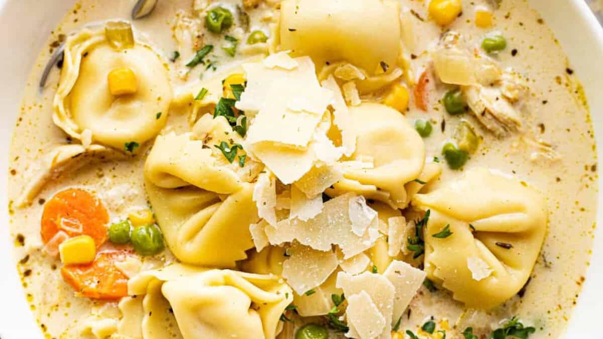 A bowl of One-Pot Chicken Tortellini Soup.