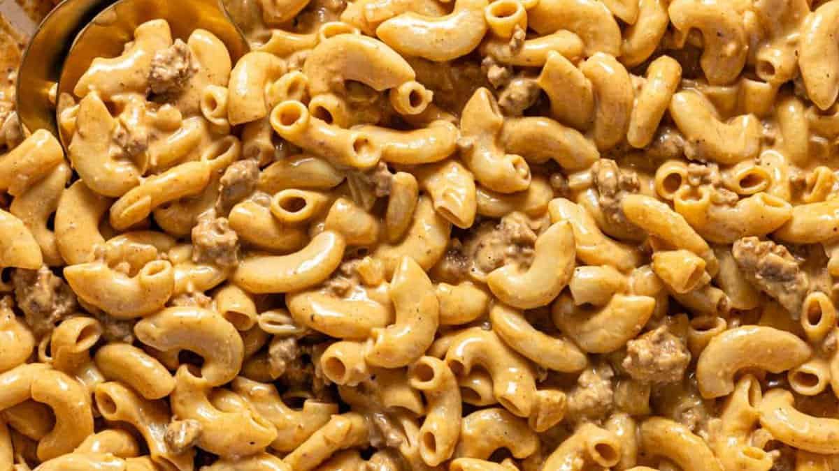 A bowl of One Pot Homemade Hamburger Helper. 