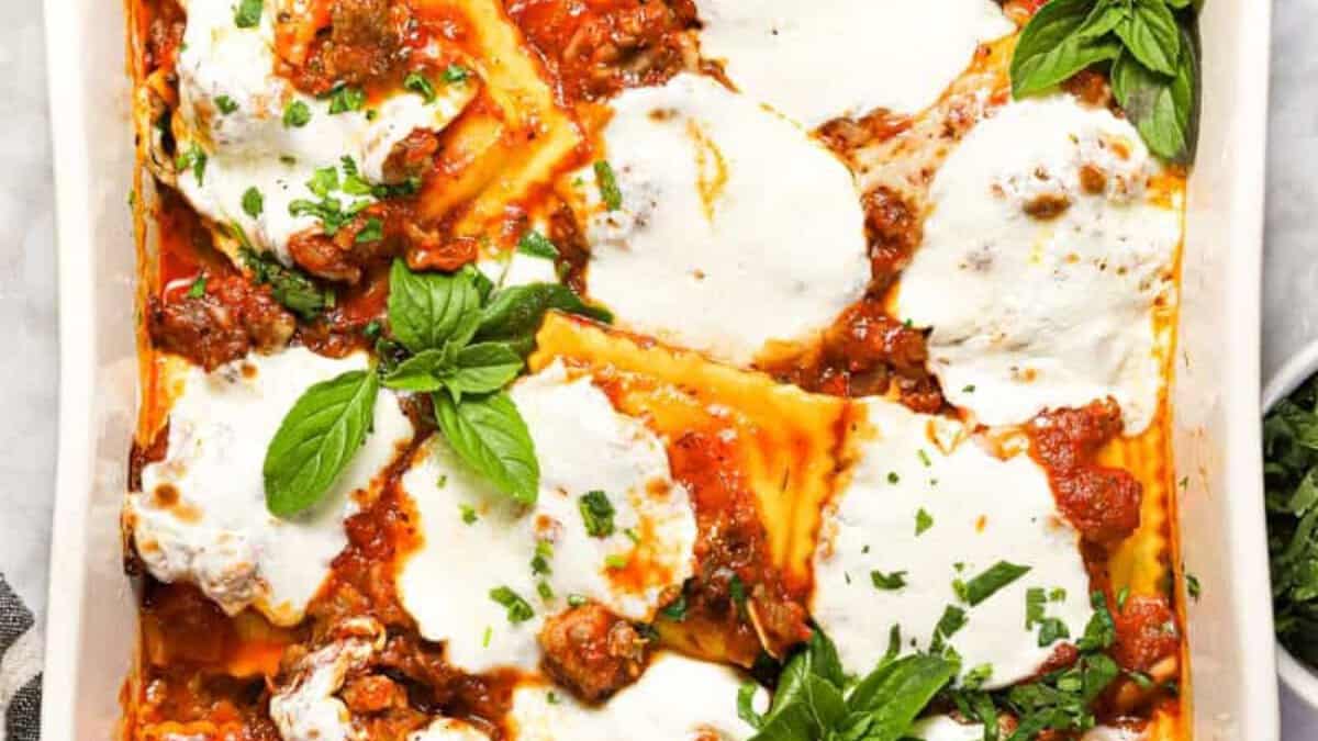 Ravioli lasagna on a baking dish.