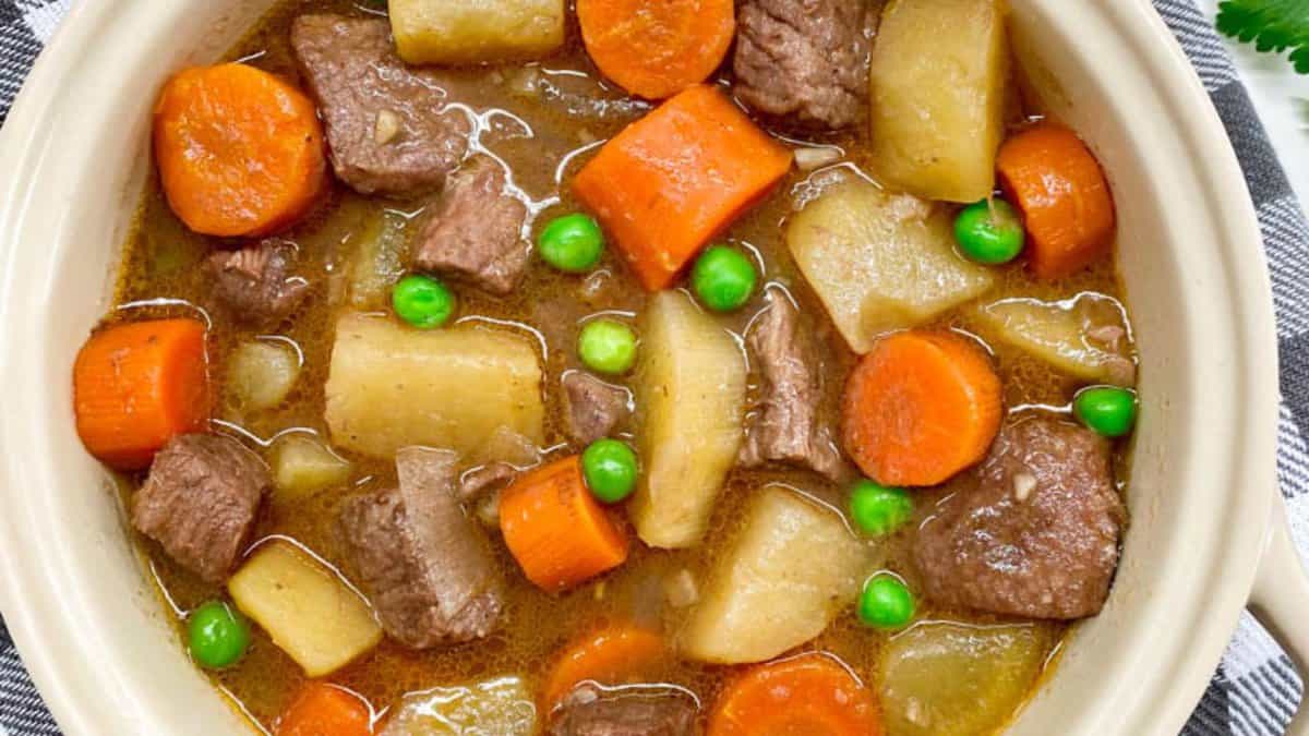 Slow cooker beef stew on a pot.