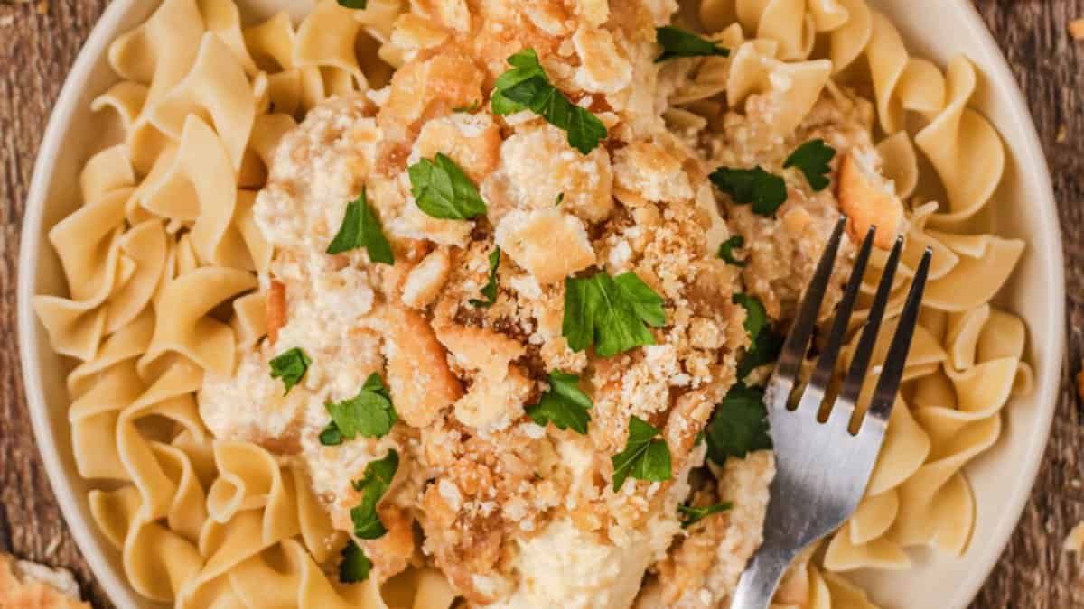 Slow cooker Ritz chicken with pasta.