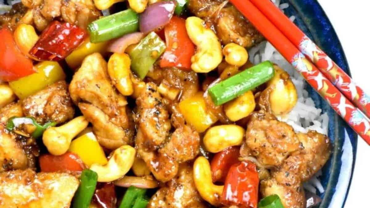 Thai Cashew Chicken with chopsticks.