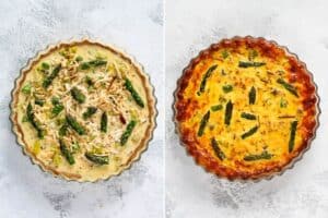 Asparagus quiche before and after cooking.