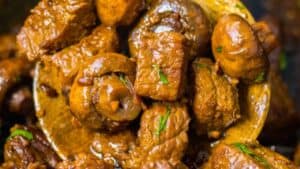 Steak bites with mushrooms.
