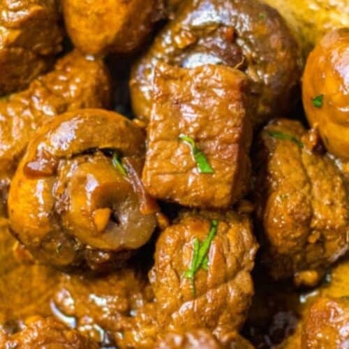 Steak bites with mushrooms.