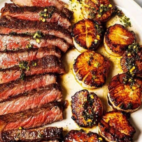 Steak and scallops.