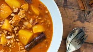 A bowl of massaman chicken curry.