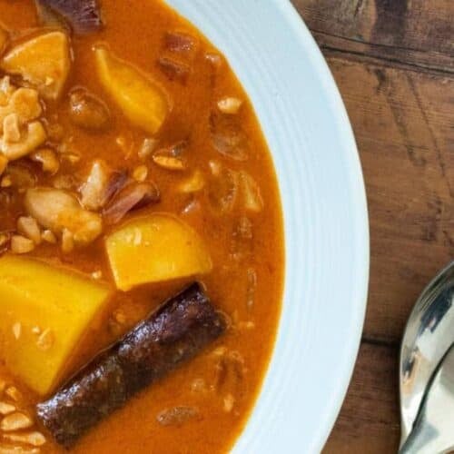 A bowl of massaman chicken curry.