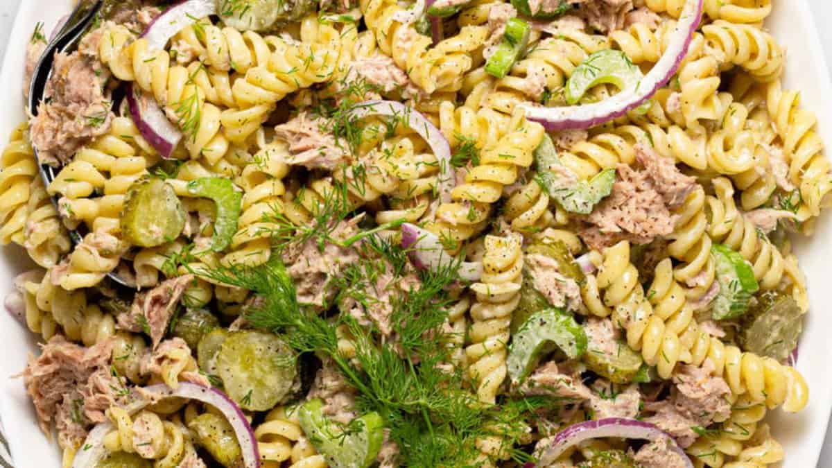 Tuna pasta salad on a bowl.