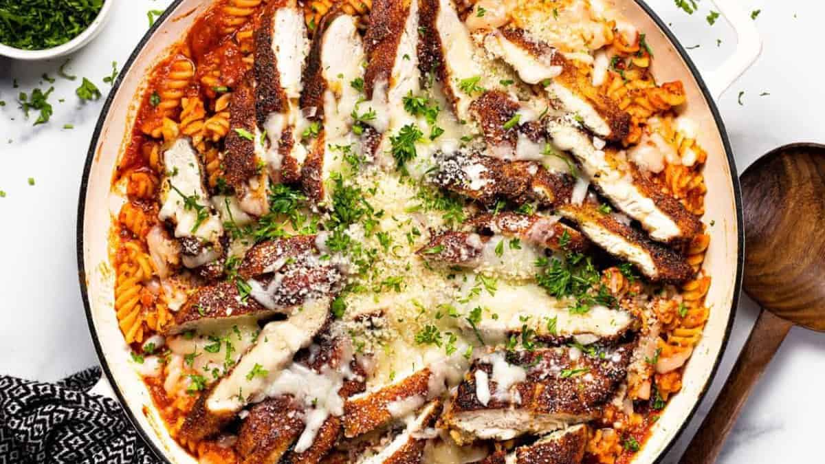 Parmesan chicken on a casserole dish.