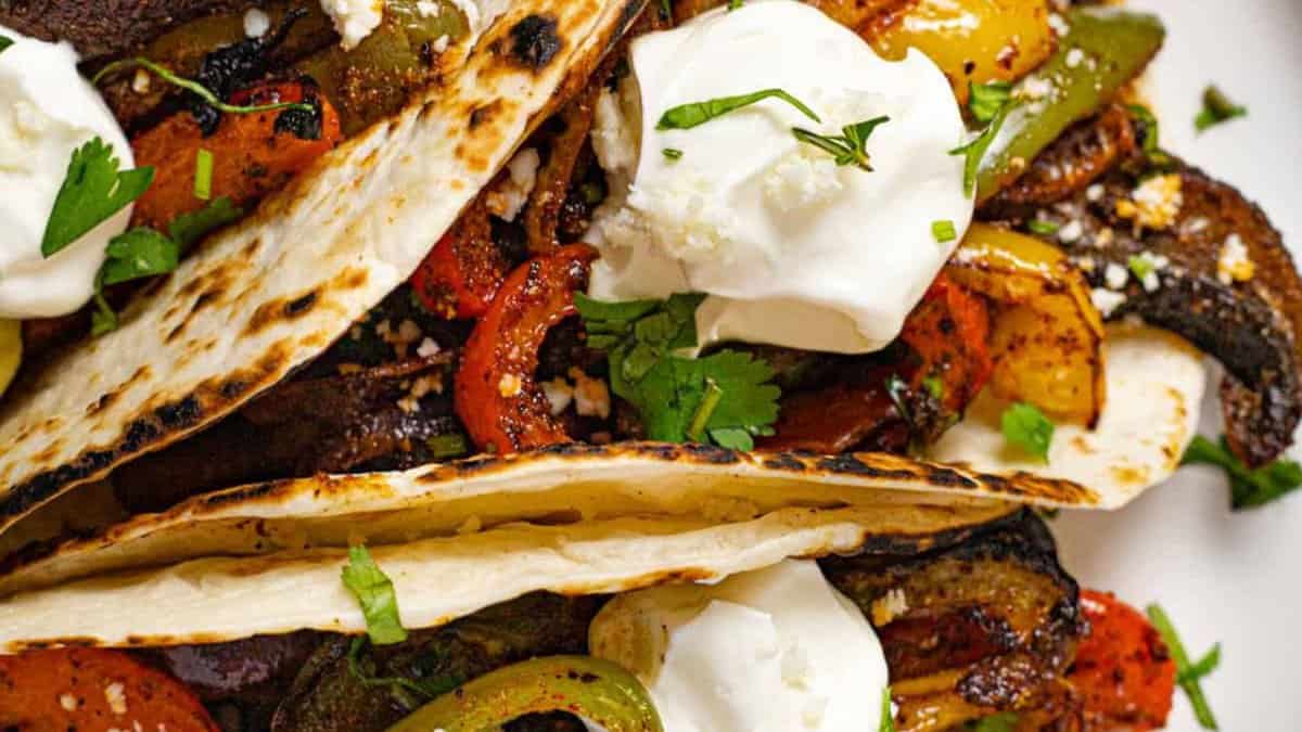 Baked Fajita Veggies on tortilla wraps.