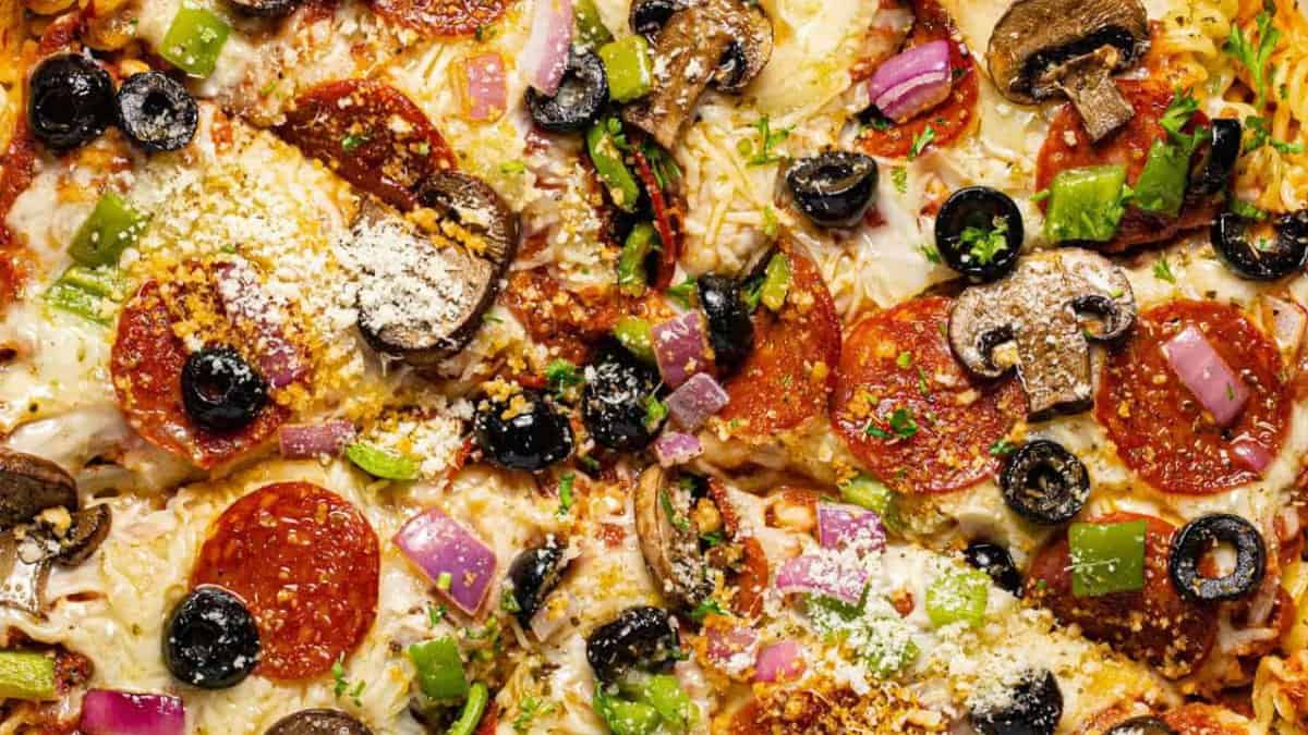 Cheesy Supreme Pizza Casserole.