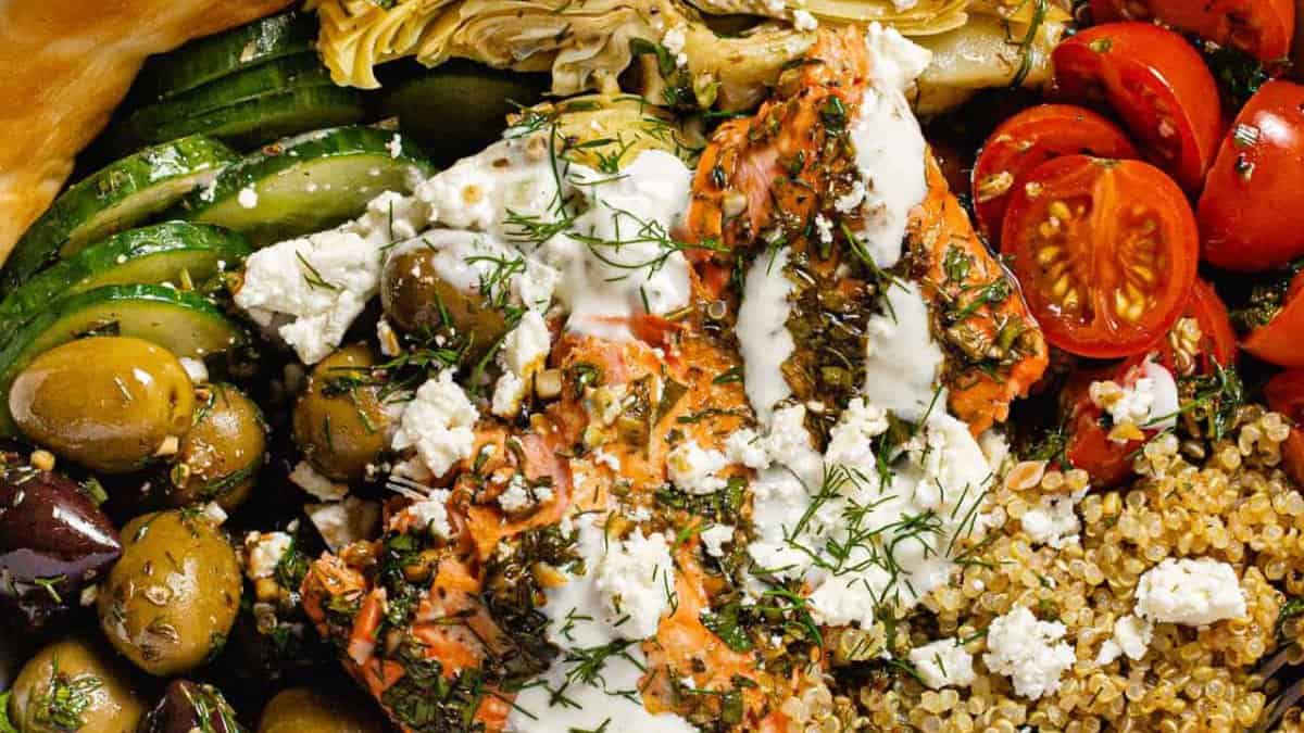 A serving of salmon Greek bowl.