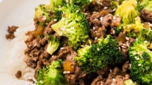 Ground beef and broccoli over rice.