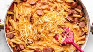 Cheesy kielbasa pasta.