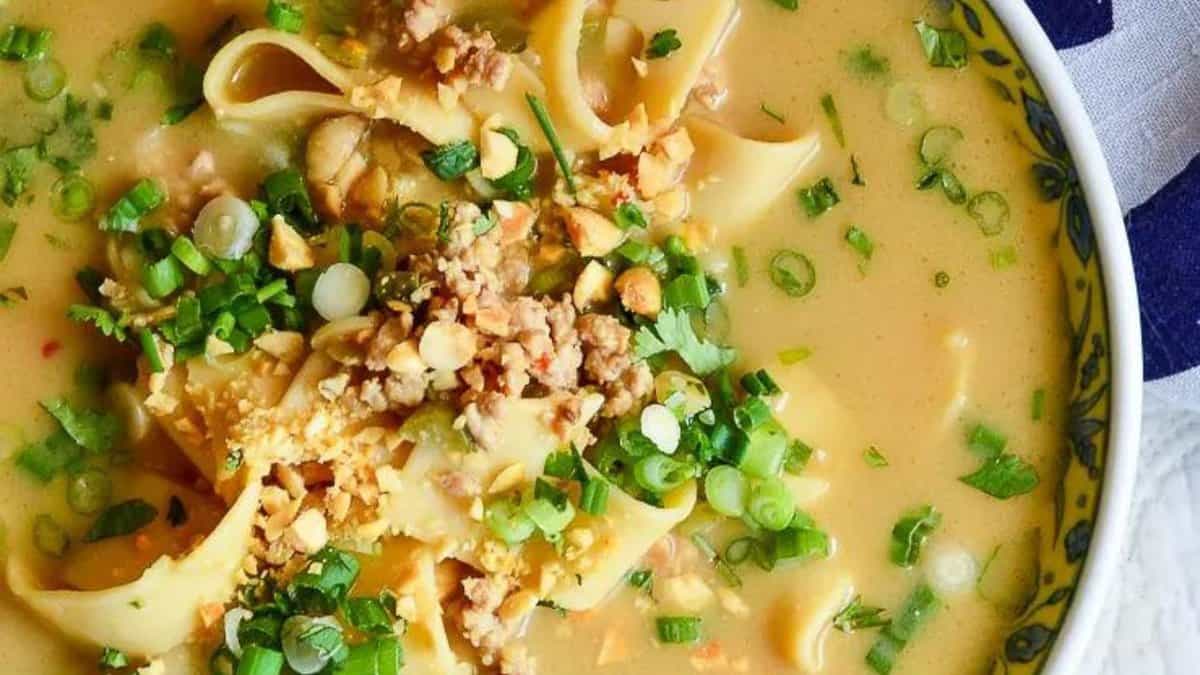 Asian Noodle Soup with Ground Pork and Peanuts.