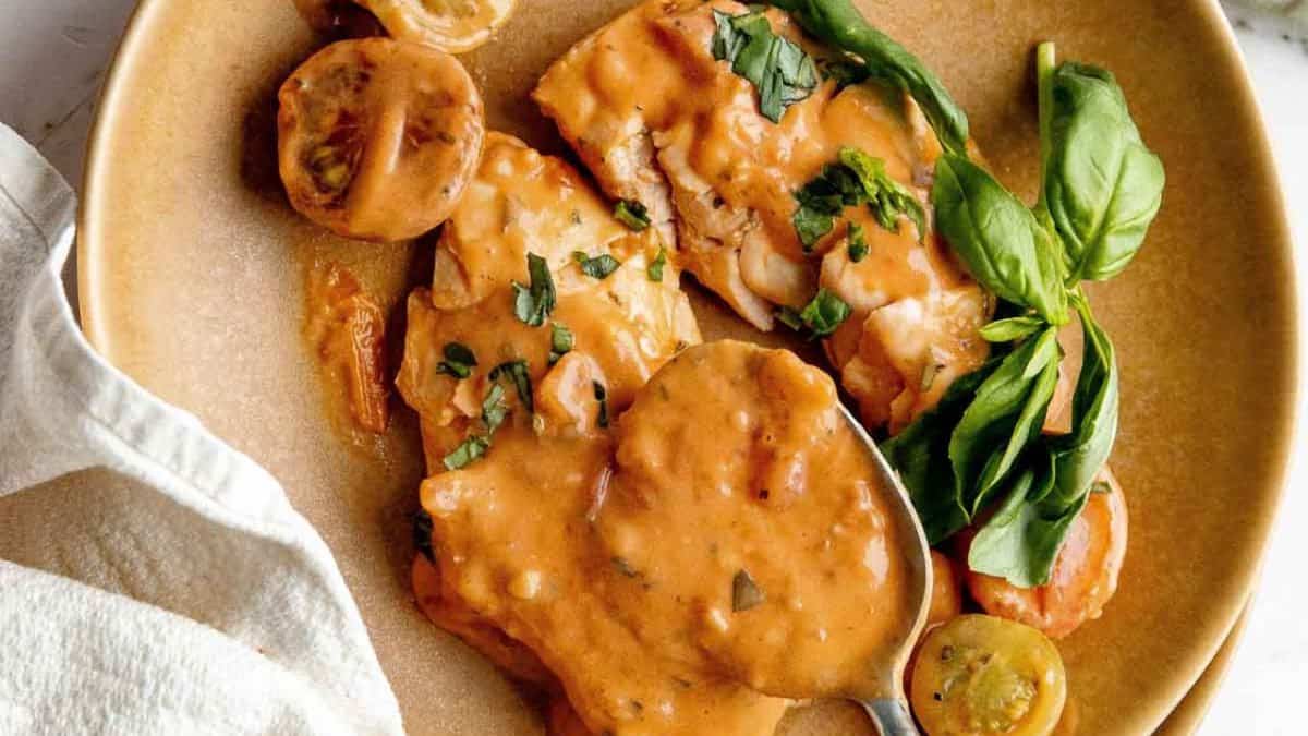 Slow Cooker Creamy Tomato Basil Chicken.