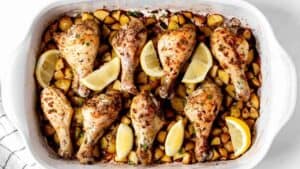 Chicken drumsticks & potatoes.