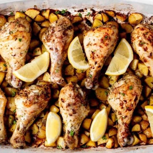 Chicken drumsticks & potatoes.