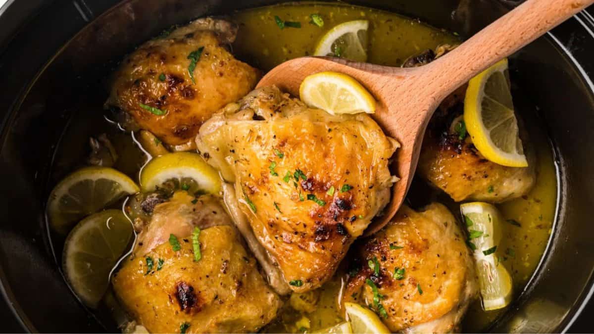 Slow Cooker Lemon Pepper Chicken Thighs.